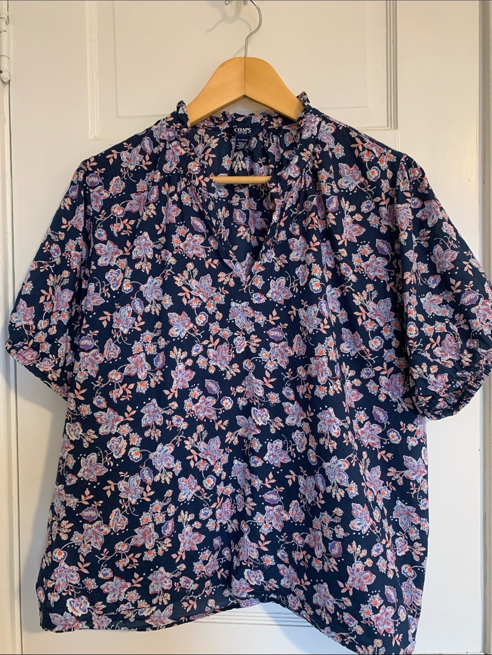 Chaps Navy Floral Ruffle V-Neck Cotton Blouse Size XL